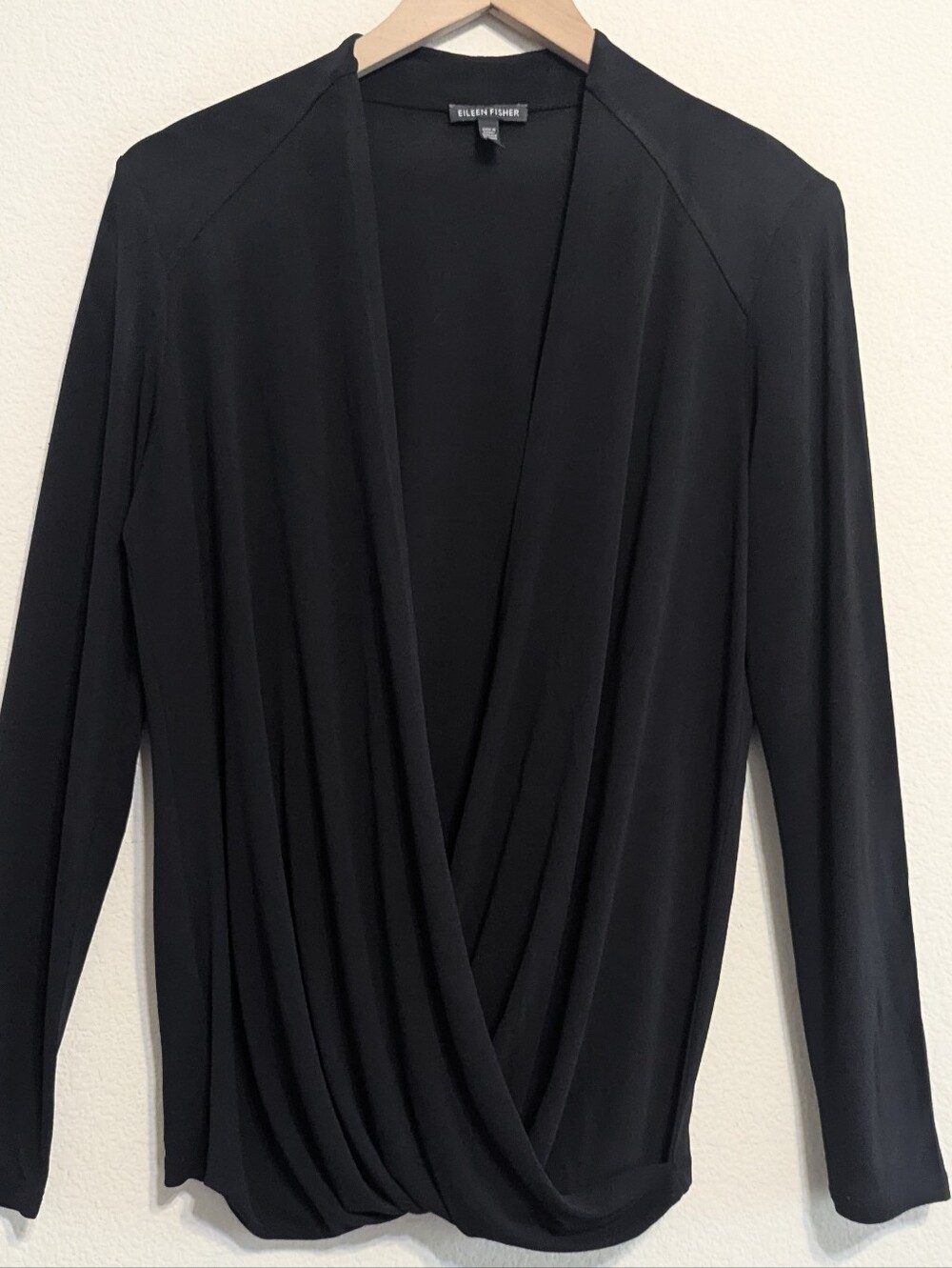 Eileen Fisher Size Medium Black Silk Stretch Silk Jersey Low Draped Top EUC